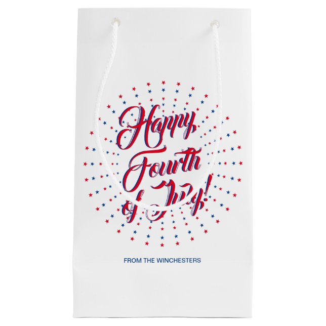 Happy Fourth of July script stars fireworks custom Small Gift Bag (Front)