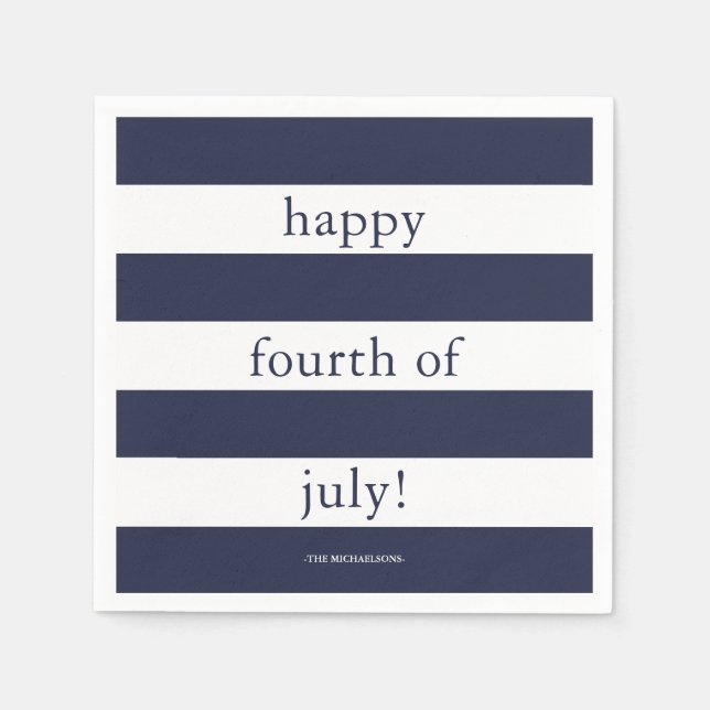 Happy Fourth of July with Name and Blue Stripes Napkin (Front)