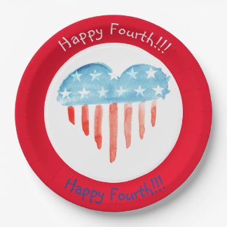 HAPPY FOURTH ROUND RED (HEART FLAG) PAPER PLATES