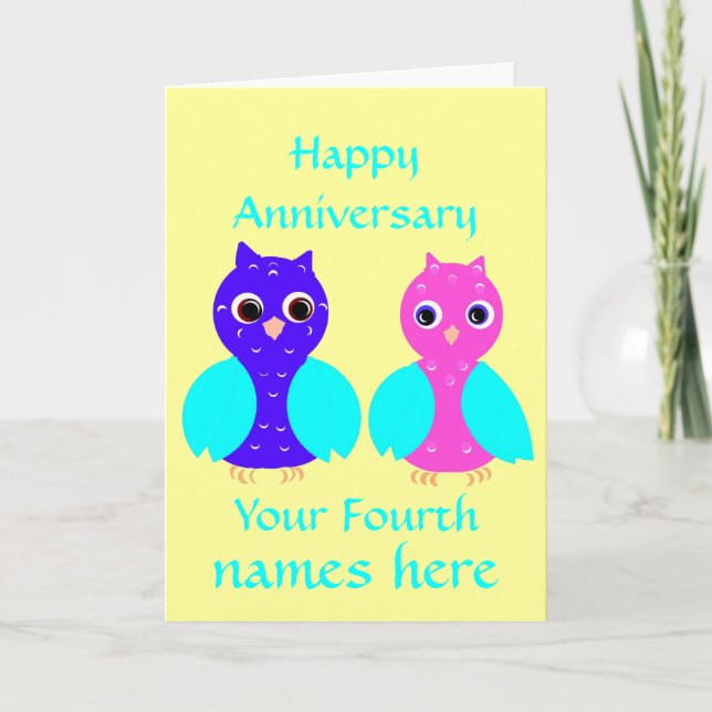 Happy Fourth Wedding Anniversary Owls Customise Card (Front)