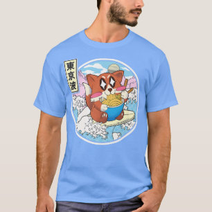 Happy Fox Eating Ramen Surfing Japanese Wave Anime T-Shirt