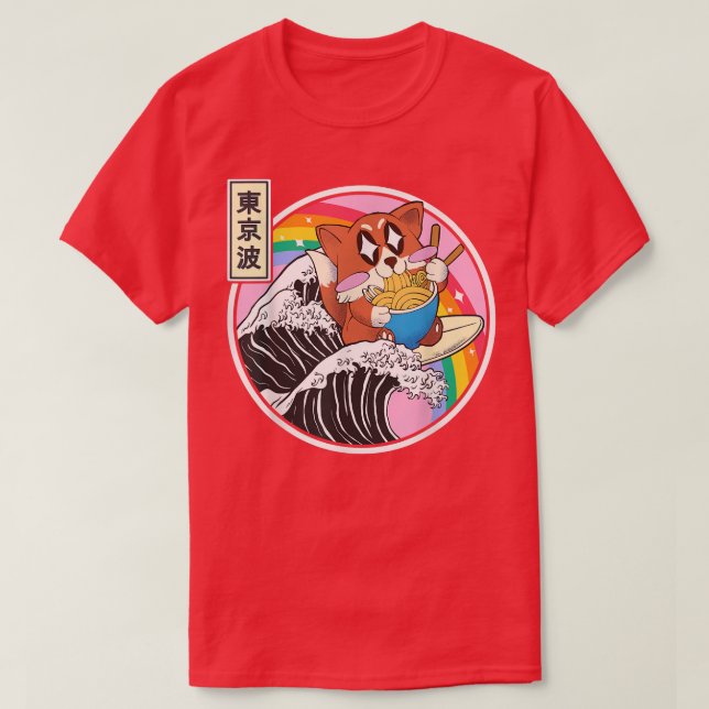 Happy Fox Eating Ramen Surfing Kanagawa Wave Kawai T-Shirt (Design Front)