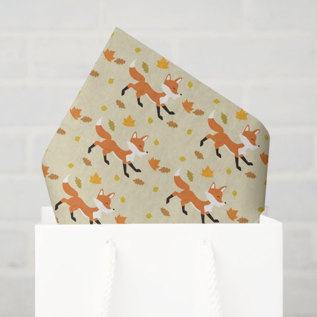 Happy Fox Running With Autumn Leaves Pattern Tissue Paper (Gift Bag)