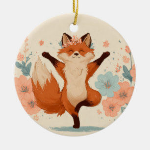 Happy Fox with Flowers – Cute Whimsical Animal Art Ceramic Tree Decoration