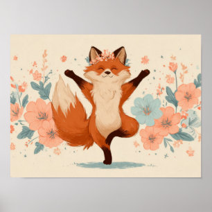 Happy Fox with Flowers – Cute Whimsical Animal Art Poster