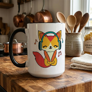 Happy fox with headphones listening to music. mug