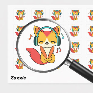 Happy fox with headphones listening to music.  square sticker