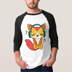 Happy fox with headphones listening to music.  T-Shirt