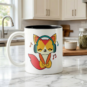 Happy fox with headphones listening to music. Two-Tone coffee mug