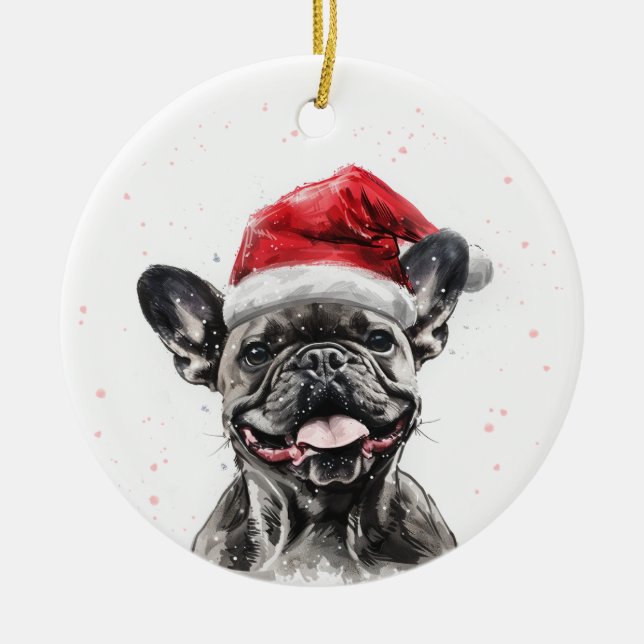 Happy French Bulldog Dog Christmas Personalized Ceramic Tree Decoration (Front)