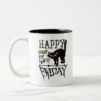 Happy Friday 13th Black Cat Scary Halloween Shirt. Two-Tone Coffee Mug