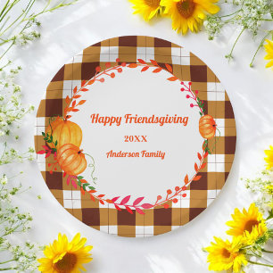 Happy Friends Giving Brown Plaid Paper Plate