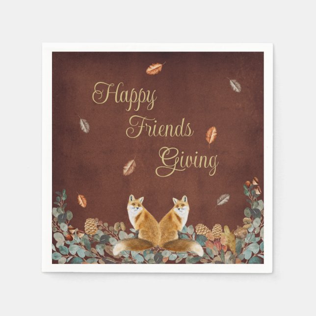 Happy Friends Giving Foxes in Fall Foliage Napkin (Front)