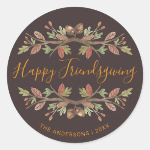 HAPPY FRIENDSGIVING CUTE WATERCOLOR FALL FOLIAGE CLASSIC ROUND STICKER