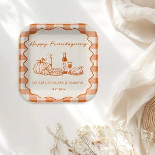 Happy Friendsgiving Orange Gingham Paper Plate