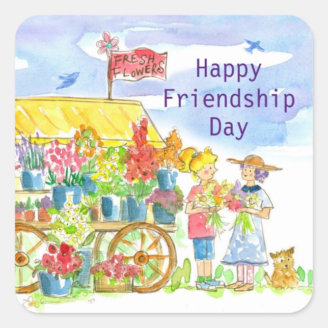 Happy Friendship Day Women Friends Dog Flowers Square Sticker (Front)