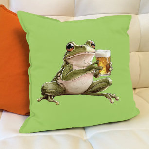 Happy Frog Beer Green Animal Illustration Cushion