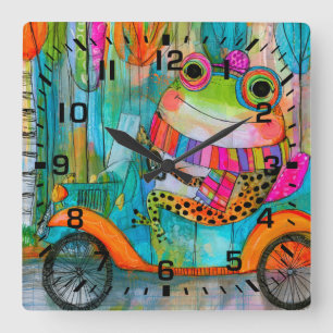 Happy Frog Joyful Roadside Adventure Square Wall Clock