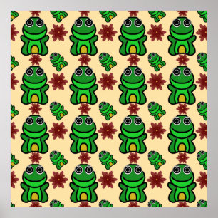 Happy Froggy Garden: Cute Green Frog & Red Flower Poster
