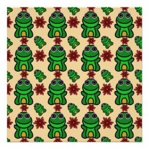 Happy Froggy Garden: Cute Green Frog & Red Flower Poster