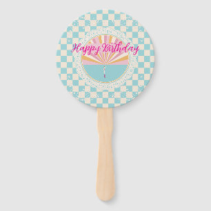 Happy Fun Blue Gingham Plaid Checkered Birthday Hand Fan