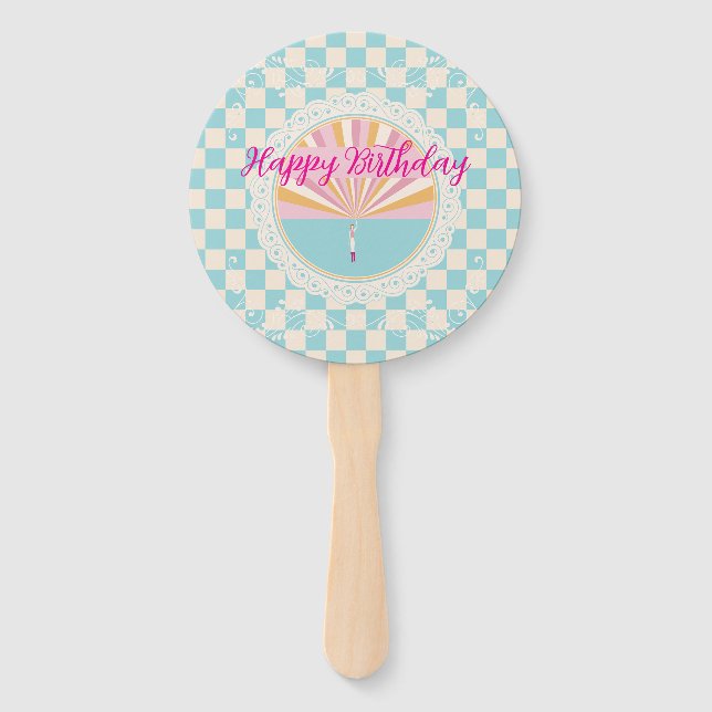 Happy Fun Blue Gingham Plaid Checkered Birthday Hand Fan (Front)