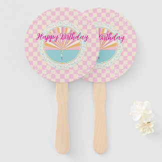 Happy Fun Pink Gingham Plaid Checkered Birthday Hand Fan