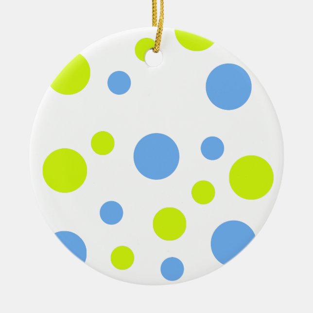 Happy Funky Yellow Blue Bubbles Ceramic Tree Decoration (Front)