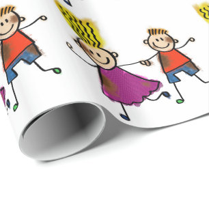 Happy Funny Kids Couple Drawing Doodle Cartoon Wrapping Paper