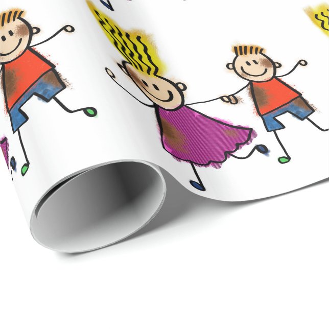 Happy Funny Kids Couple Drawing Doodle Cartoon Wrapping Paper (Roll Corner)