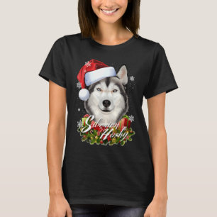 Happy Furry White Siberian Husky Dog Christmas San T-Shirt