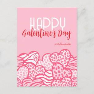 Happy Galentine Blush Pink Animal Print Heart Name Holiday Postcard
