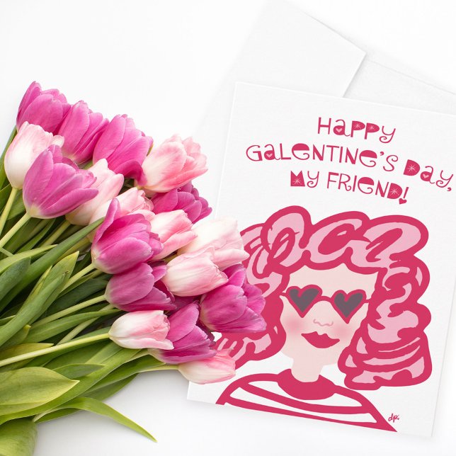 Happy Galentine’s Day Cute Red & Pink Lady Holiday Card (Creator Uploaded)