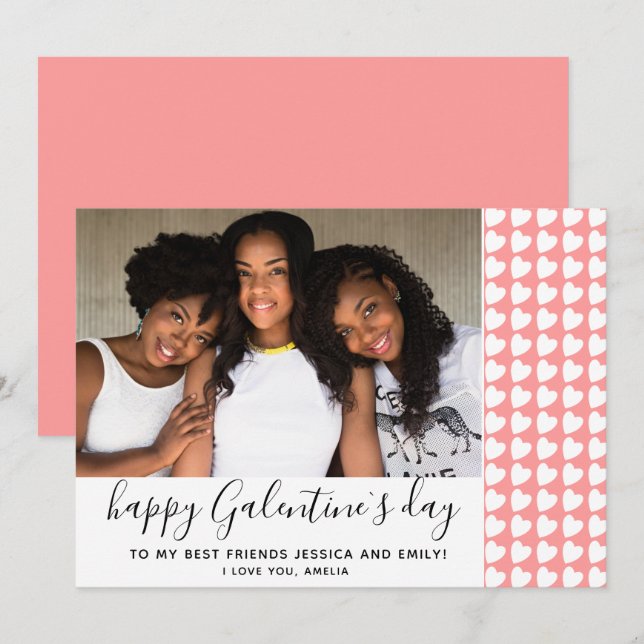 Happy Galentine`s Day Pink Heart Photo Friend Holiday Card (Front/Back)