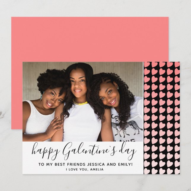 Happy Galentine`s Day Pink Heart Photo Friend Holiday Card (Front/Back)