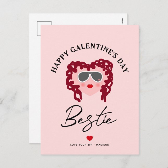 Happy Galentines Day Bestie Chic Script Pink Heart Holiday Postcard (Front/Back)