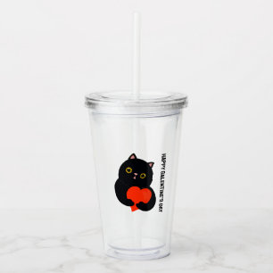 Happy Galentine's Day black kitten gives a heart Acrylic Tumbler