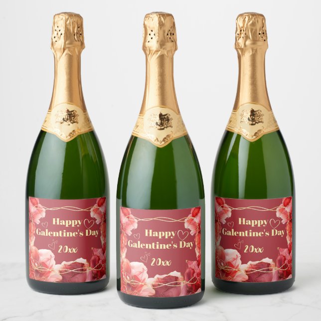Happy Galentine's Day  Crimson Floral Gold   Sparkling Wine Label (Bottles)