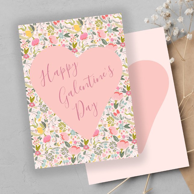 Happy Galentine's Day floral girly pink heart Holiday Card (Creator Uploaded)