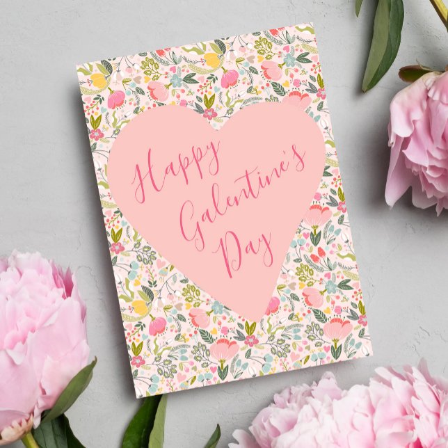 Happy Galentine's Day floral girly pink heart Holiday Card (Creator Uploaded)