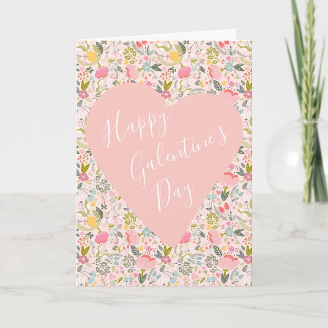 Happy Galentine's Day floral pink heart Holiday Card (Front)