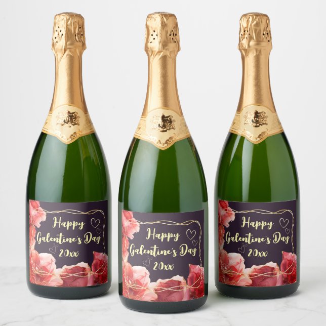 Happy Galentine's Day Moody Crimson Floral Gold   Sparkling Wine Label (Bottles)