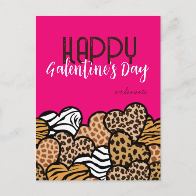 Happy Galentines Day Pink Animal Print Hearts Name Holiday Postcard (Front)