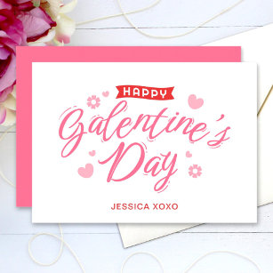 Happy Galentine's Day Pink Hearts Text Flowers Holiday Card