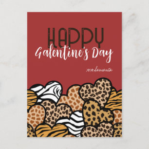 Happy Galentines Day Red Animal Print Hearts Name Holiday Postcard