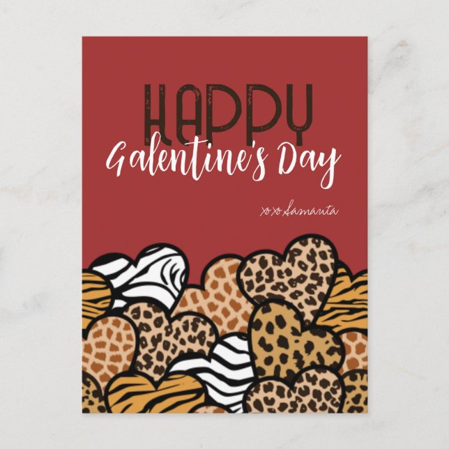 Happy Galentines Day Red Animal Print Hearts Name Holiday Postcard (Front)