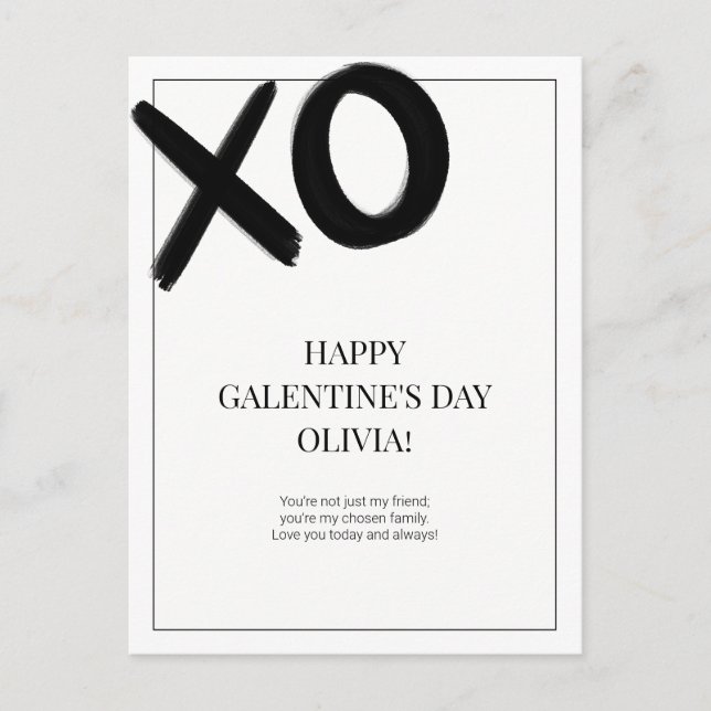 Happy Galentine's Day XOXO Black and White Modern Holiday Postcard (Front)