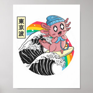 Happy Gaming Axolotl Surfing Kanagawa Wave Kawaii Poster