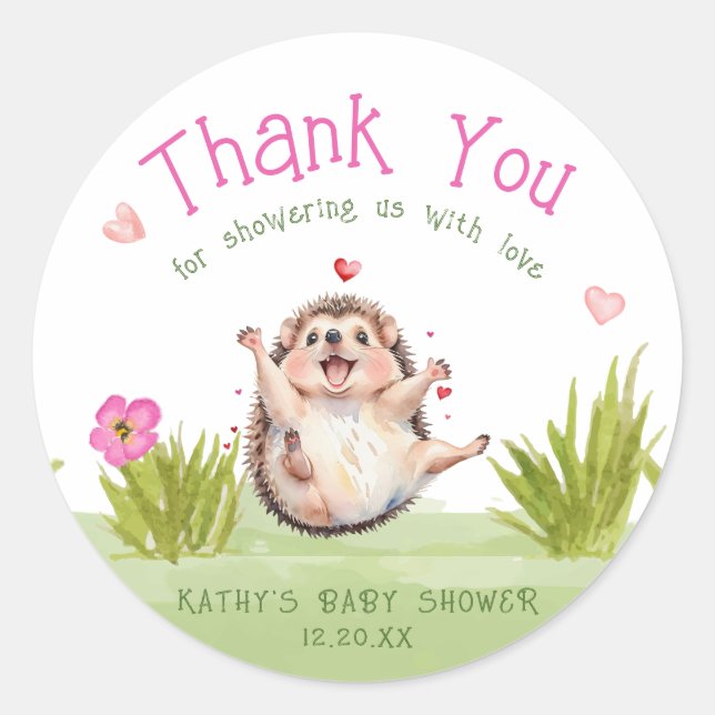 Happy Garden Hedgehog Baby Shower Thank You Favour Classic Round Sticker (Front)