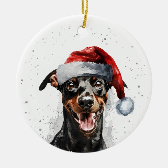 Happy German Pinscher Dog Christmas Personalized Ceramic Tree Decoration (Front)